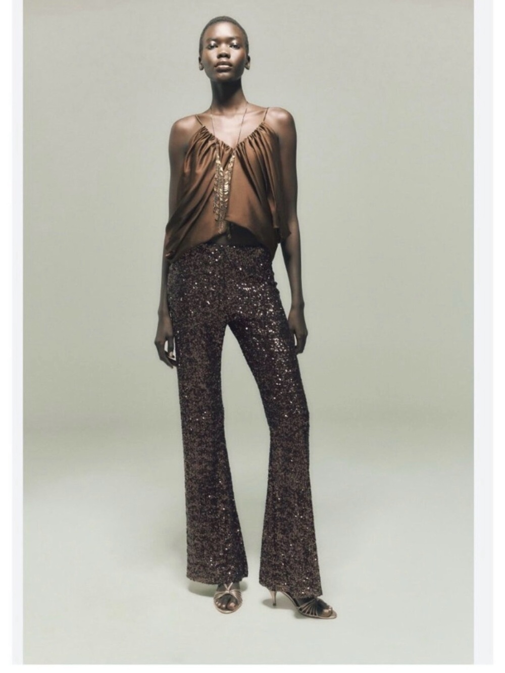 Zara Brown Sequin Flared Pants - Women's Sparkle Trousers